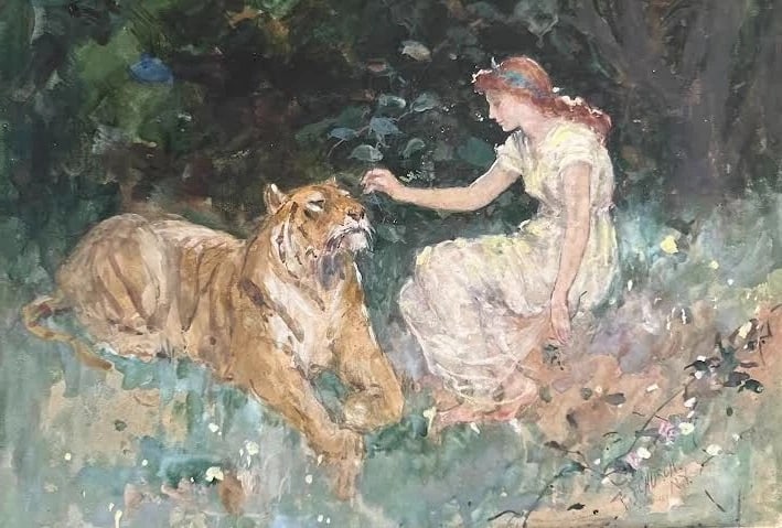 MANNER OF FREDERICK STUART CHURCH, ORIGINAL PAINTING: MANNER OF FREDERICK STUART CHURCH, GIRL AND TIGER ORIGINAL OIL ON CARDBOARD, 11 X 16, ONE OF HIS BEST EXAMPLES OF HIS STYLE. THIS PAINTING IS CONSIDERED ONE OF HIS BEST. Reserve: $2,000.00 Shipping: D