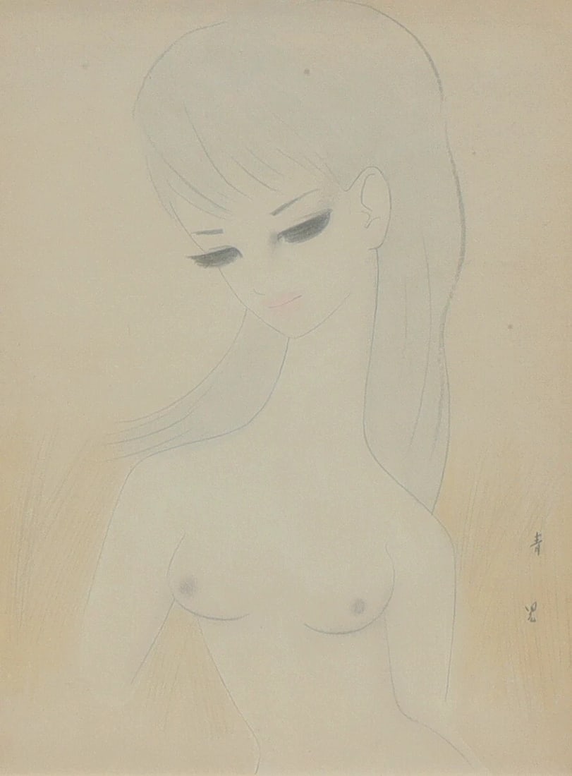 SEIJI TOGO Original mixed media painting of a Pixie Figure FRAMED: SEIJI TOGO (1897-1978-Japanese). Pixie Figure , 12-1/2" x 9" sight size original mixed media (looks like pencil and watercolor) (framed size: 20" x 16-1/2") signed in Japanese lower right. Comes in it