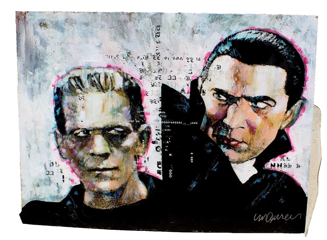 SID MAURER Frankenstein & Dracula Signed Mixed Media Digital Print From UCLA: SID MAURER (1926-2017). Frankenstein & Dracula, 26" x 35" MIXED MEDIA DIGITAL PRINT with collage and paint on wood board, signed lower right. Unframed. DEACESSIONED FROM UCLA. Condition: Board is fair