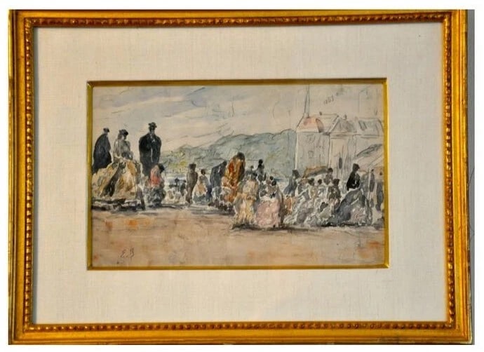 ATTRIBUTED TO EUGENE BOUDIN, ORIGINAL PAINTING: ATTRIBUTED TOEUGENE BOUDIN, ORIGINAL WATER COLOR PAINTING, SIGNED, 13 1/2 X 18, VERY GOOD CONDITION. A GREAT WORK OF ART FROM ONE OF THE GREAT IMPRESSIONIST ARTISTS. WITH PROVENANCE. INFORMATION FROM