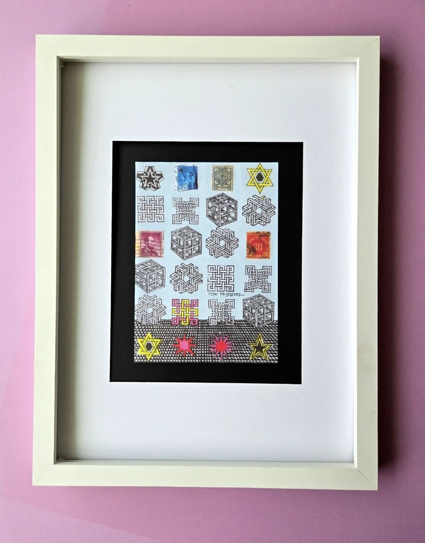 Pedro Friedeberg Signed Print 16x12" – Geometric Symbols & Postage Collage: PEDRO FRIEDEBERG Add a collector's gem to your space with this framed print by renowned Mexican surrealist and designer Pedro Friedeberg. Known for his intricate, symbolic, and architectural compositi