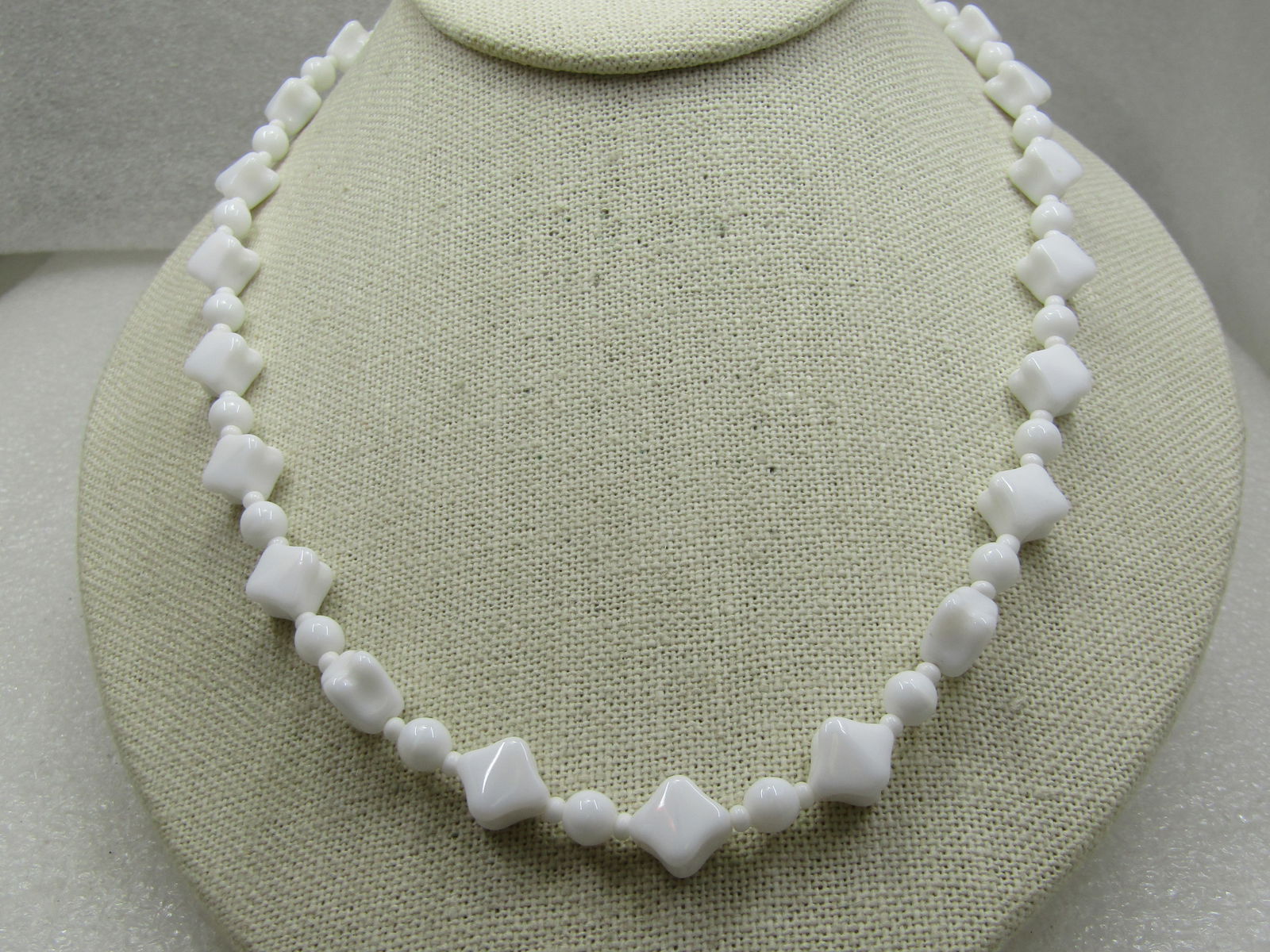 Vintage White Glass Necklace, Round & Square Beads, 24", 1960's: Title: Vintage White Glass Necklace, Round & Square Beads, 24", 1960's Description: Vintage White Glass Necklace, Round & Square Beads, 24", 1960's. The square are appx. 8mm and curved inward on the f