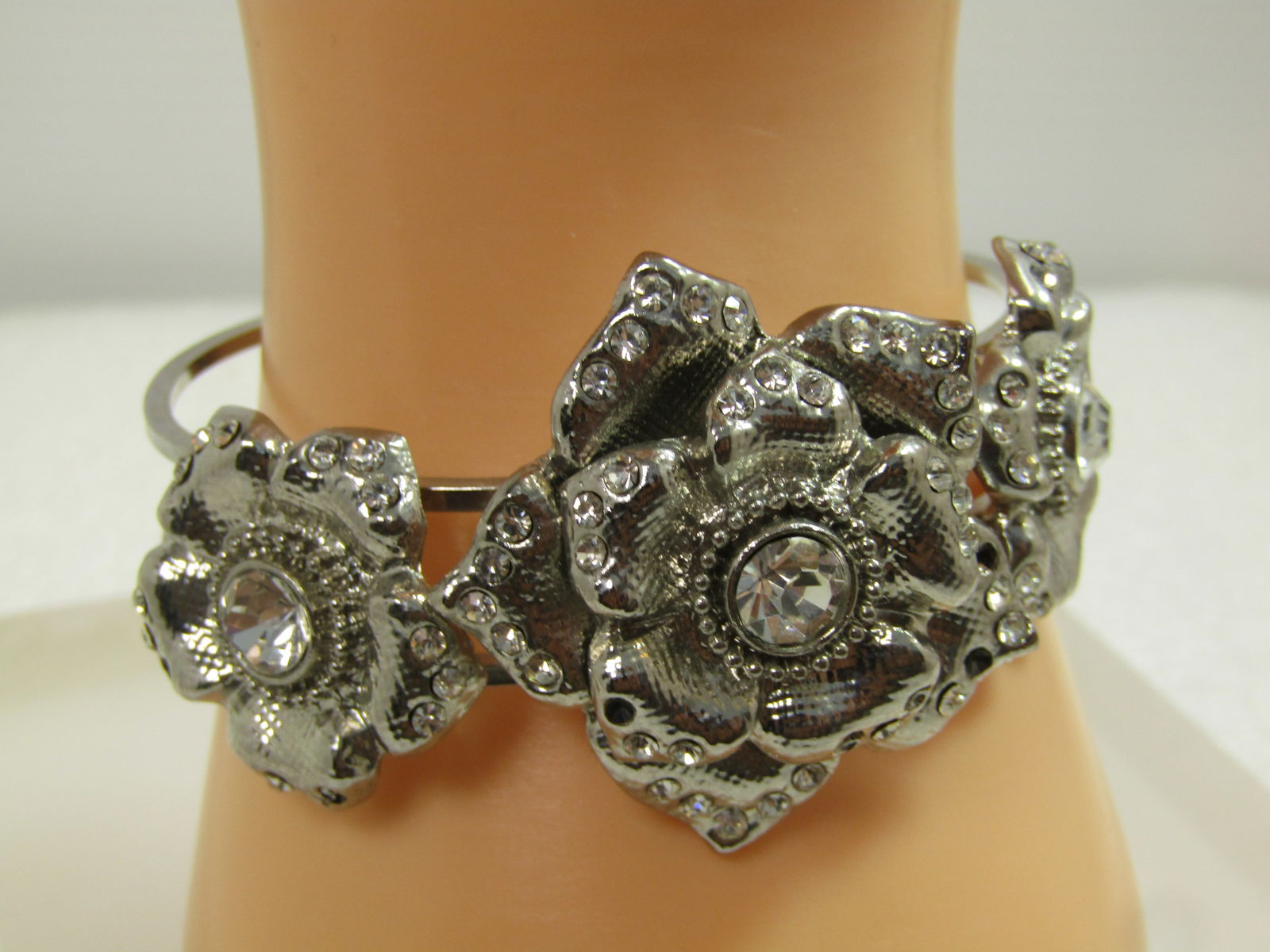Vintage Floral & Rhinestone Wide Clamper Bracelet, Hinged, 6.75, 1970's-1980's (1 of 6)