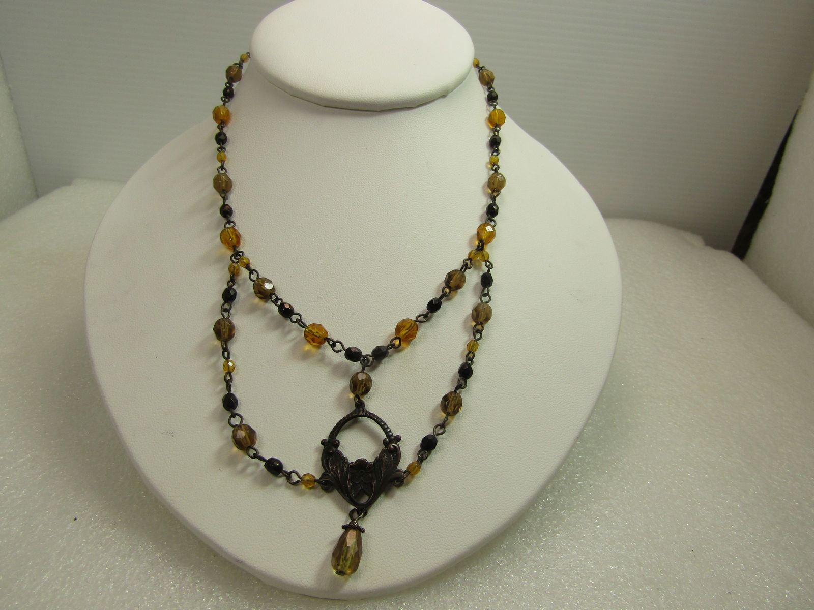 Vintage Gold & Smokey Beaded Necklace, Art Nouveau Themed Drop, 16", 1980's-1990's (1 of 8)