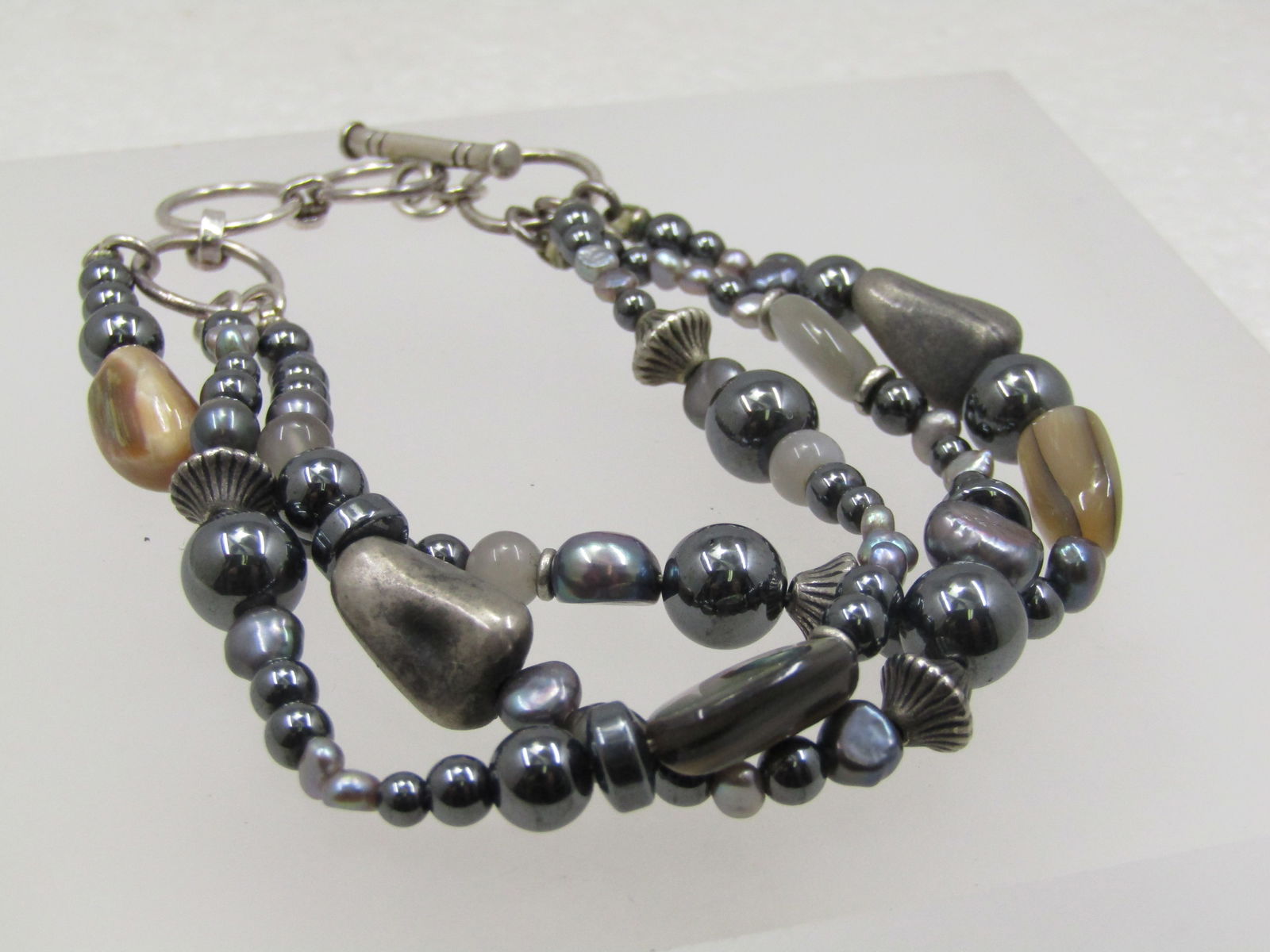Sterling Triple Strand Polished Stone Bracelet, Toggle Clasp, 8.5", Adj.: Title: Sterling Triple Strand Polished Stone Bracelet, Toggle Clasp, 8.5", Adj. Description: Sterling Triple Strand Polished Stone Bracelet, Toggle Clasp, 8.5", Adj. Mother-of-Pearl, Abalone, Magnetit