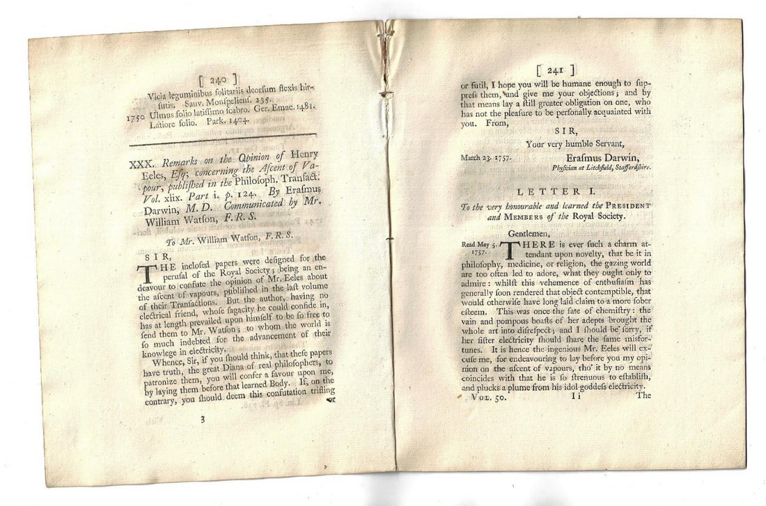 1757 Letters of Erasmus Darwin on Vapors (1 of 2)