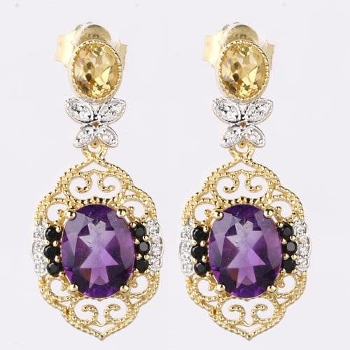 Earrings: African Amethyst Oval 9x7mm: Item:Earrings Description: African Amethyst Oval 9x7mm - 2Pcs + Citrine Oval 5x4mm - 2Pcs + Black Spinel Round 1.50mm - 12Pcs + White Topaz Round 1.10mm - 12Pcs + White Topaz Round 0.90mm - 16Pcs Date