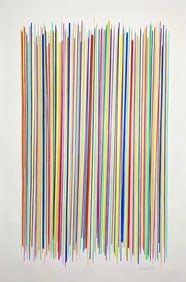 Sarah Vaaler Modern Minimalist Multicolor Stripes Drawing With Burnt Orange and Blue