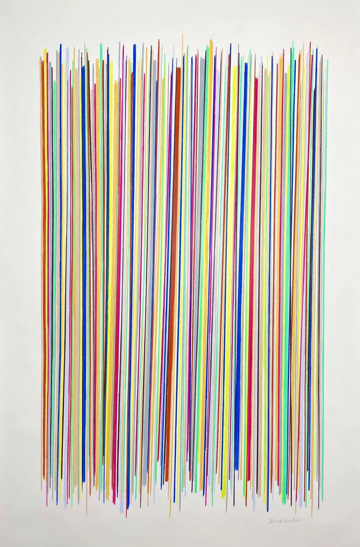 Sarah Vaaler Modern Minimalist Multicolor Stripes Drawing With Burnt Orange and Blue