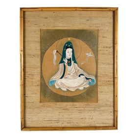 Vintage Seated Kannon Bodhisattva, Ink on Textile, Unsigned, 20th Century