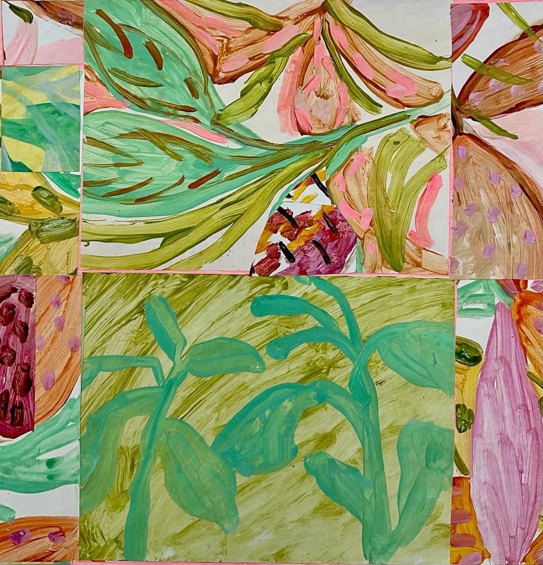 In the Garden #1 Contemporary Original Abstract Mixed-Media Collage by Hunter Hogan: I paint lots of patterns and pictures, then cut them up for collages. This one i spired by my garden in early spring. Condition: Imperfections: No Imperfections Condition Notes: I make collages on woo