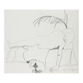 Reclining Nude With Cat 1950-60s Graphite