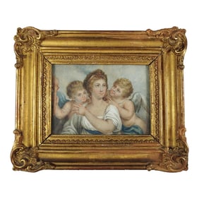 Antique Miniature Portrait Painting Georgian Era Gouache on Vellum Gilt Wood Frame