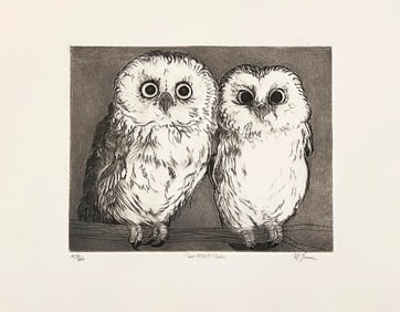 Saw-Whet Owls Etching by Christine McGinnis, Printed by David Lynch, Ca. 1970