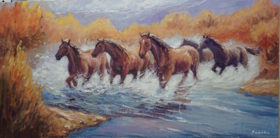 Sean Wu Original Oil Painting of Wild Horses