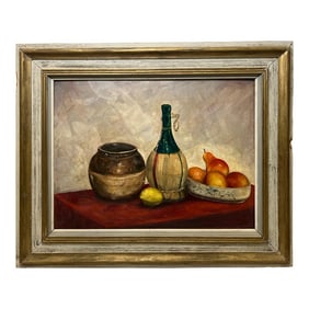 Late 20th Century Still Life Painting of Wine Bottle, Vessel, and Fruit