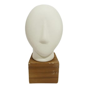 Cycladic Head Sculpture: Modernist Bisque Ceramic on Wooden Base MCM