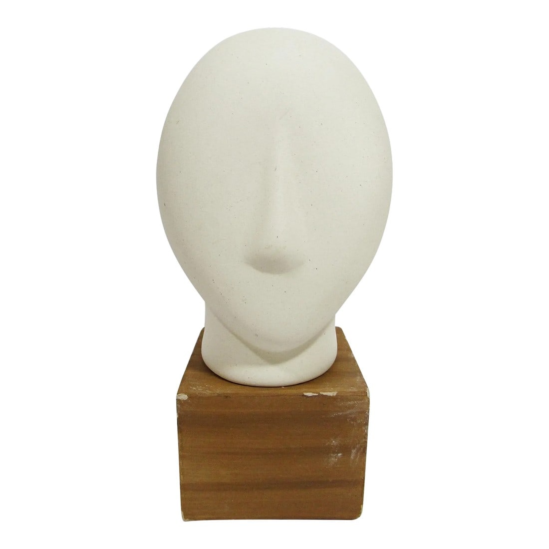Cycladic Head Sculpture: Modernist Bisque Ceramic on Wooden Base MCM: Elevate your art collection with this exquisite Cycladic Head Sculpture, a striking fusion of modernist aesthetics and ancient inspiration. Standing tall at 8 inches, this one-of-a-kind piece is craft