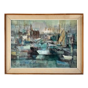 MCM Seascape 1960s Jean Kalisch Abstract Painting Oil on Board Harbor Scene