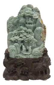 20th Century Chinese Carved Dark Green Jade Mountain Scenery Sculpture