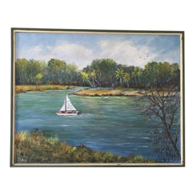 Coastal Landscape Oil Painting With Sailboat
