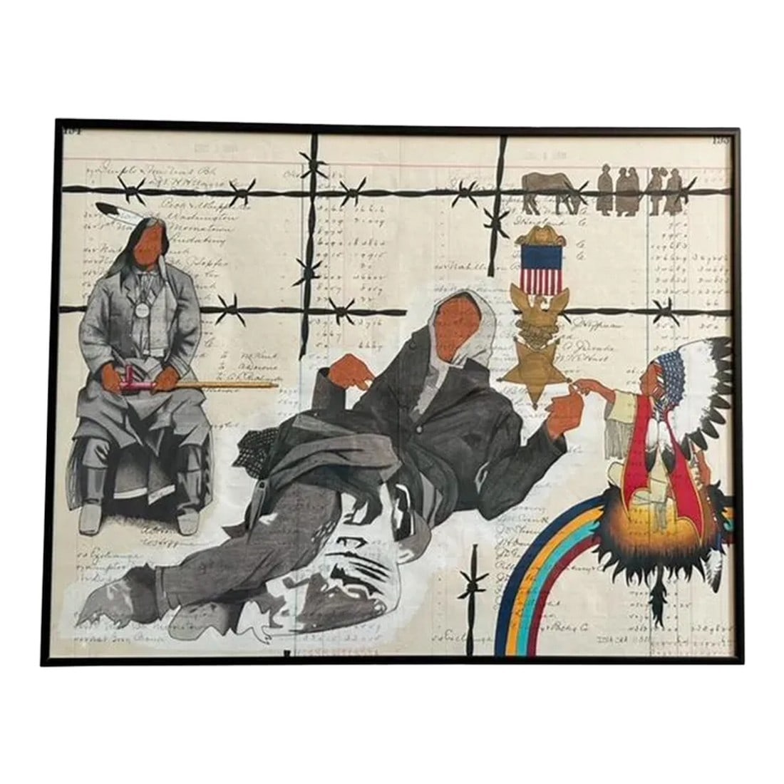 Contemporary Drawing on an 1891 Ledger Page "No Boundaries" by Native American Artist (1 of 6)