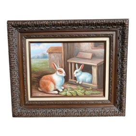 Barnyard Bunny Rabbits Painting, Framed