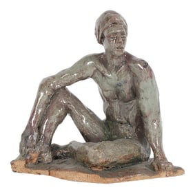 Modern Relaxed Male Nude Sculpture in Clay on Wood, 2005