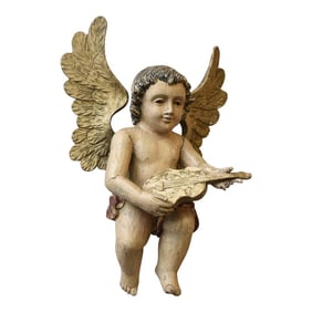 Antique Polychrome Carved Wood Cherub Wall Sculpture, Circa Late 19th Century