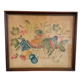 Antique Theorem Painting of a Basket of Fruit in an Antique Wood Frame