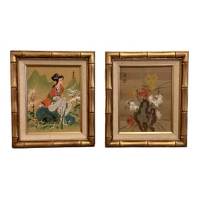 Mid 20th Century Pair of "” Vintage Robed Lady Painting in Faux Bamboo Frame
