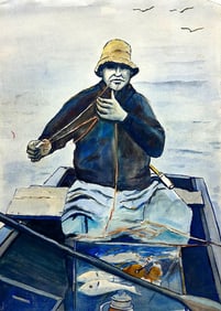 A Good Days' Work, Blue Jacket, Traditional Classic Nautical Themed Watercolor Painting
