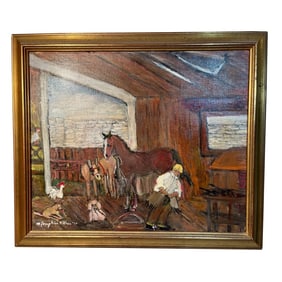 Folk Artist Josephine D"Alvia Orig Oil on Board Depicts Blacksmith Shop 1909 Croton Dam