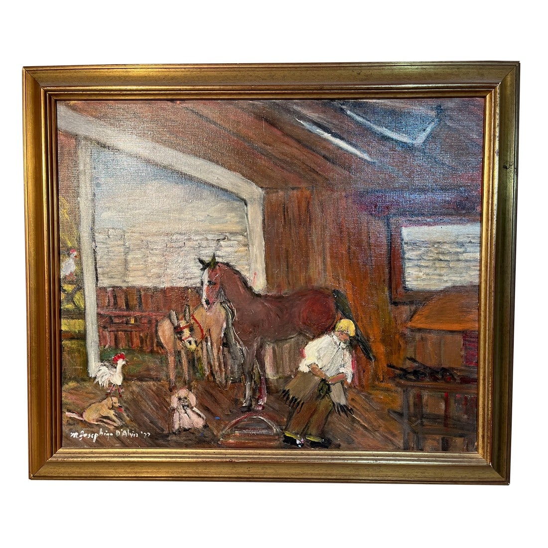 Folk Artist Josephine D"Alvia Orig Oil on Board Depicts Blacksmith Shop 1909 Croton Dam: ITEM DESCRIPTION: The New Croton Dam was built largely by immigrant labor. The majority of the workers were Italians; others were Irish, African Americans and Scandinavians. They lived in a number of