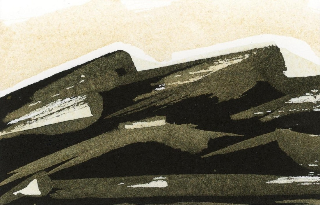 Everything Keeps Expanding, Sumi Ink and Gold Watercolor Mountain Landscape Painting by JJHogan: Mountainscape inspiration Bevel-cut archival-quality mat showcases 5x7 original Sumi ink and gold watercolor paint on paper. Professionally finished with backing board in clear acrylic sleeve –