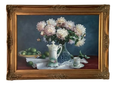 Mid-Century Still Life Oil Painting in Giltwood Frame