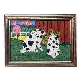 Original Cate Mandigo 'snack Time' Polka Dot Rabbits Eating Folk Art Painting