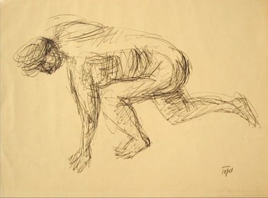 Vintage Crouching Figure in Ink