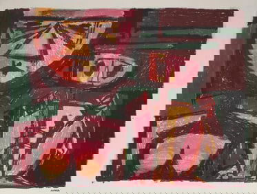 Jerry Opper Modernist Figurative Lithograph in Pink and Red, Circa 1950s