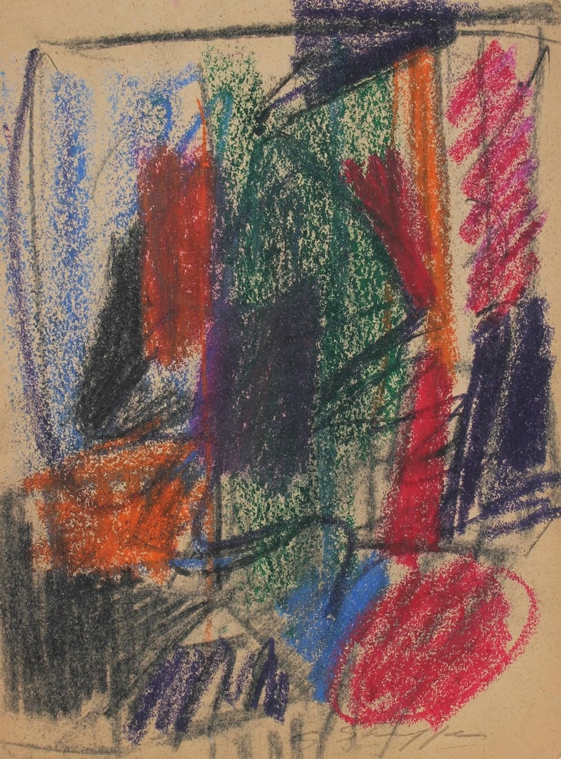 Gary Lee Shaffer Abstract Expressionist Study in Pastel, 1958 1958: This 1958 pastel on paper abstract in green and purple is by New York/San Francisco Abstract Expressionist artist Gary Lee Shaffer (1936-2001). Shaffer trained with Hans Hofmann in the late 1950s and