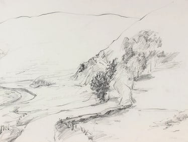 Jack Freeman California Country Road Drawing in Charcoal, 1987