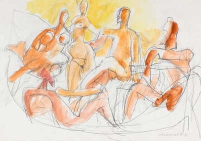 Gerald Wasserman Abstracted Seated Nude Figures in Gouache in Yellow, Gold and Orange, 1998