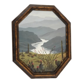 1950s Arizona Desert Landscape Oil Painting "Desert Vista" by Helen L Reichle, Framed