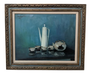 1970s Hollywood Regency Fine Art Still Life Painting of Coffee Set