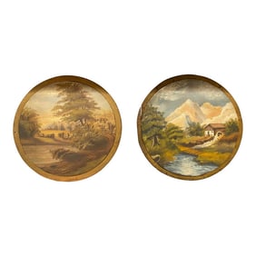 A Pair of Beautiful English Wooden Wine Barrel Lid Oil Paintings, Dating End of 18th Century, Beginn