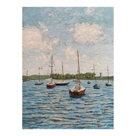 Sailboats at Anchor (Vintage Landscape Seascape Painting), Sharon Thompson