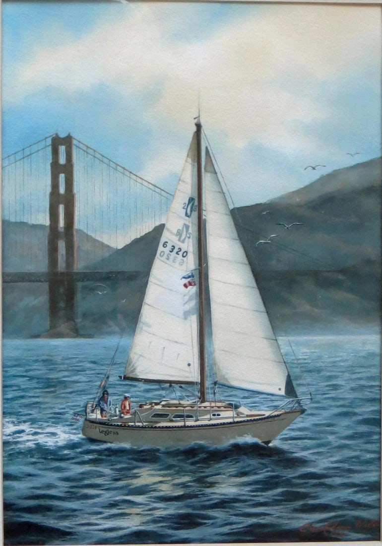 Giorgina Candelaria Wells "San Francisco Bay With Sailboat" Watercolor Painting (1 of 6)