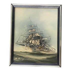 Mid Century Nautical Ship Oil on Canvas