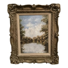 Original Oil Landscape Serene Lake View, Framed in a Very Thick Ornate Carved Frame With Linen Liner