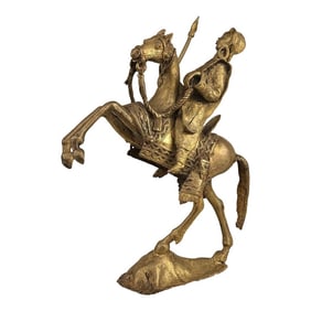 Antique Large Brutalist Brass Rearing Horse & Warrior Sculpture